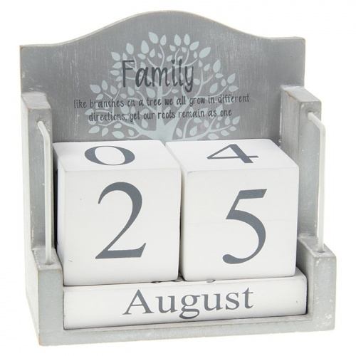 Tree Of Life Grey Family Perpetual Wooden Block Calendar Shabby Chic