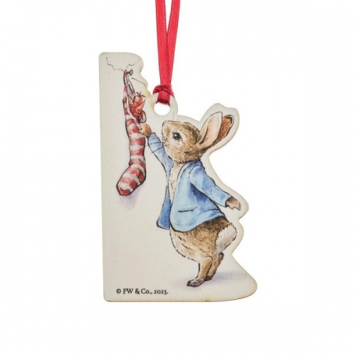 Beatrix Potter Peter Rabbit with Christmas Stocking Wooden Hanging Ornament