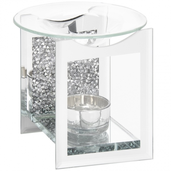 Silver Crushed Crystal Mirrored Fragrance Oil Burner Wax Warmer Tealight Holder