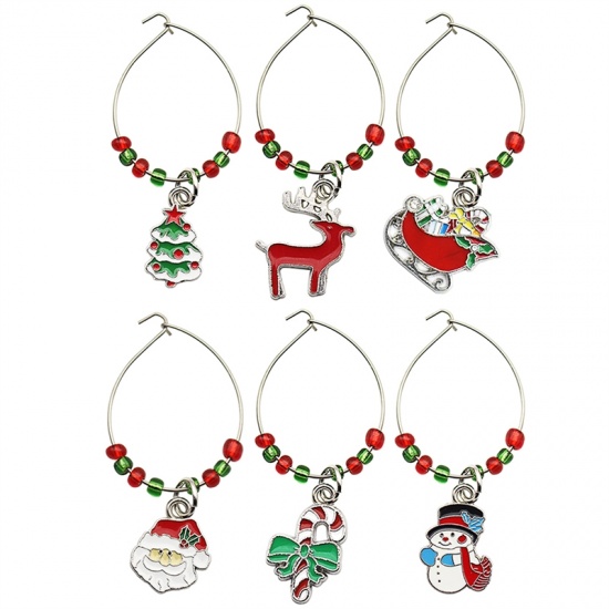 Set 6 Christmas Metal Wine Glass Rings Santa Tree Sleigh Reindeer Snowman Candy Cane