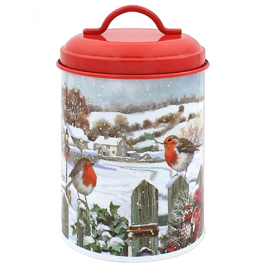 Christmas Robins Medium Enamel Metal Canister Storage Tin