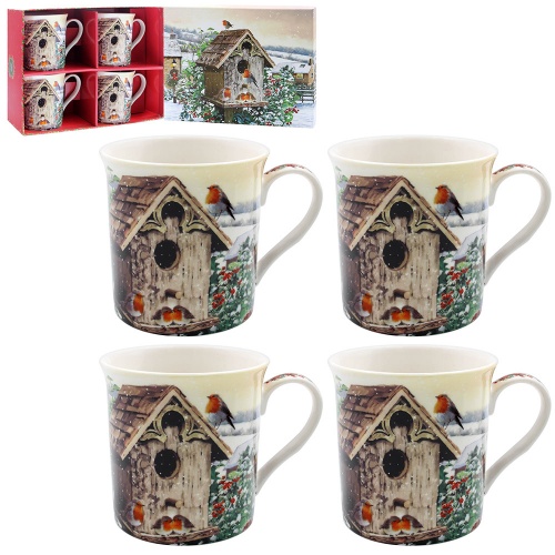 Christmas Robins Set of 4 Fine China Mugs - Gift Boxed - Festive Robin