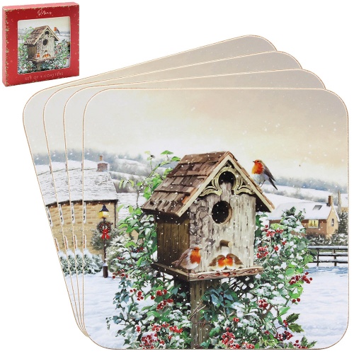 Christmas Robins Scene Coasters Set of 4