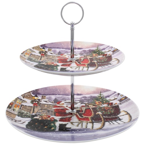 Santa Christmas 2 Tier China Cake Stand Festive Scene