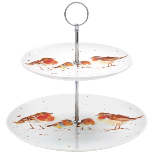 Winter Robins 2 Tier China Cake Stand - Festive Robin