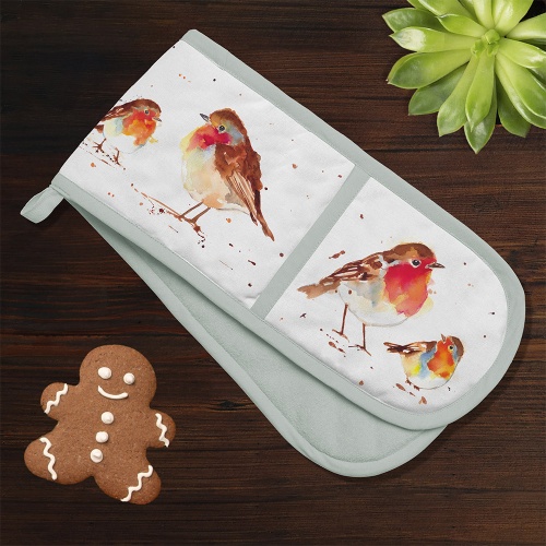 Winter Robins Double Oven Gloves - Lovely Printed Robin Design