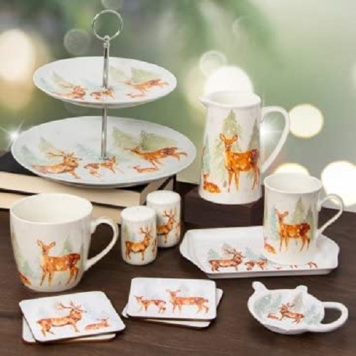 Forest Family Deer and Stag Winter Scene Set Of 4 Fine China Mugs - Gift Boxed