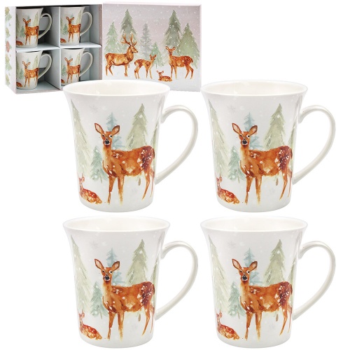 Forest Family Deer and Stag Winter Scene Set Of 4 Fine China Mugs - Gift Boxed