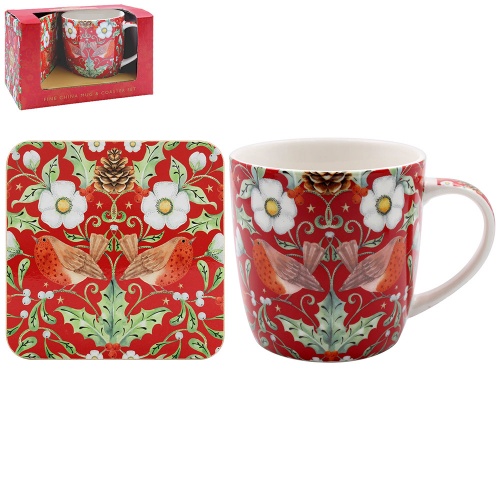 William Morris Christmas Berry Thief Mug and Coaster Set