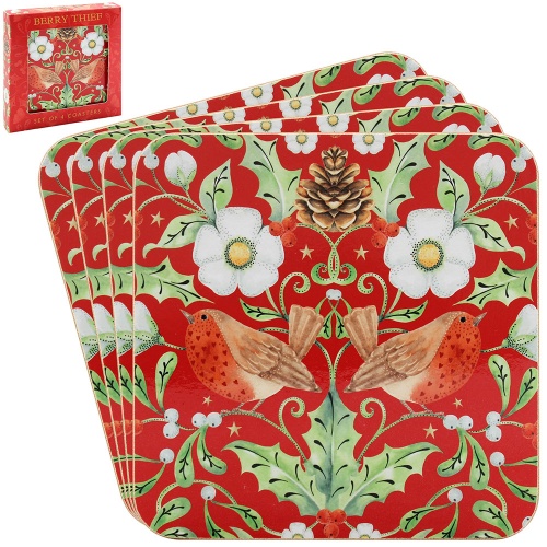 William Morris Christmas Berry Thief Set Of 4 Coasters
