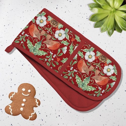 Christmas Berry Thief Double Oven Gloves