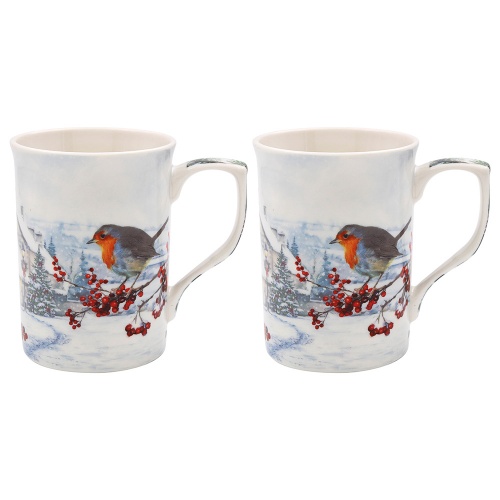 Christmas Robins Set of 2 Fine China Mugs - Gift Boxed