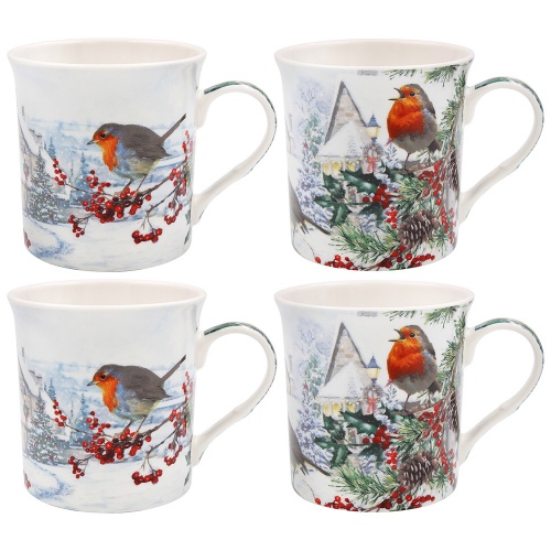 Christmas Robin Set of 4 Fine China Mugs Gift Boxed - Festive Robin