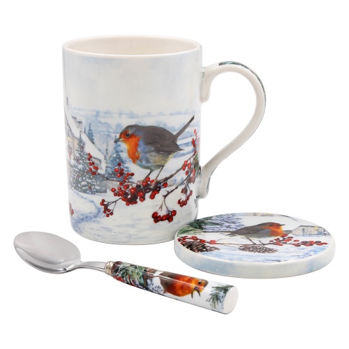 Christmas Robins Festive Fine China Mug Coaster and Spoon Set Gift Boxed