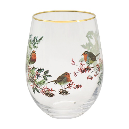 Christmas Robins Stemless Gin Glass Tumbler Gift Boxed