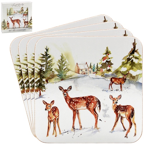 Forest Family Deer Winter Scene Set of 4  Coasters