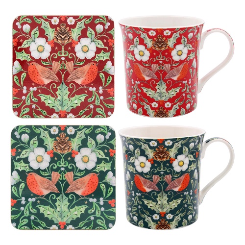 Christmas Berry Thief Mug and Coaster Set - 2 Sets