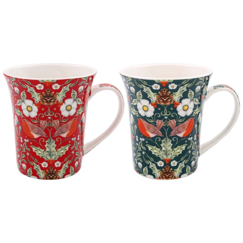 Christmas Berry Thief Set of 2 Fine China Mugs Gift Boxed