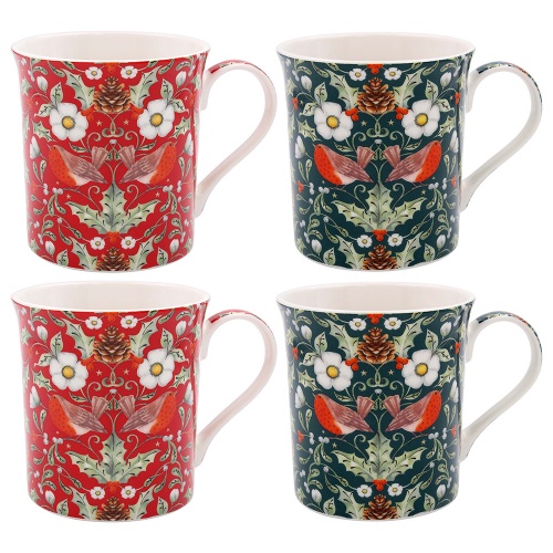 Christmas Berry Thief Set of 4 Fine China Mugs Gift Boxed