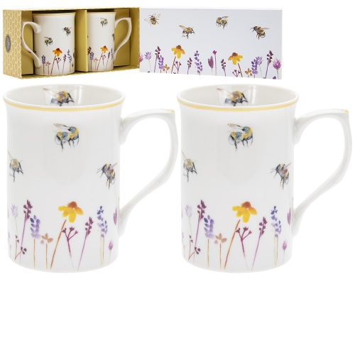 Busy Bees Floral Set Of 2 Fine China Mugs Gift Boxed