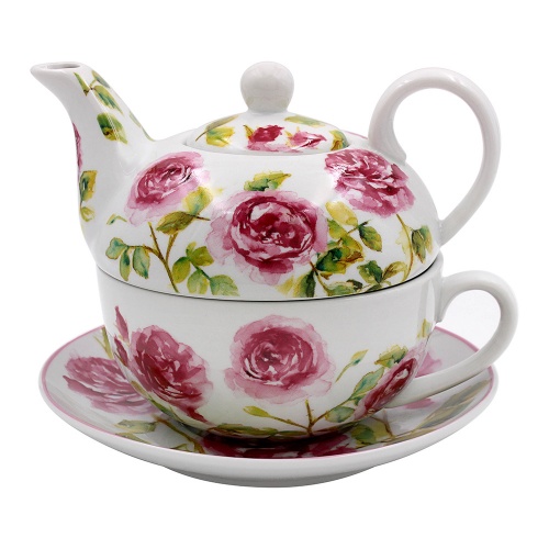 Rose Garden Pink Floral Tea for One Teapot Cup and Saucer Set Gift Boxed
