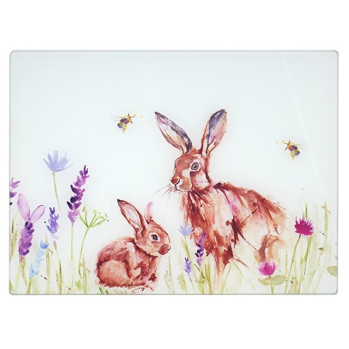 Hares Watercolour Glass Cutting Chopping Board Worktop Saver