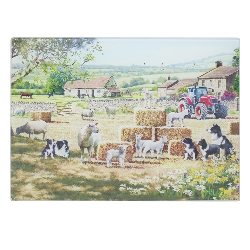 Border Collie with Sheep Countryside Glass Cutting Chopping Board Worktop Saver