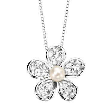 Sterling Silver, Pearl and Cubic Zirconia Flower Pendant and Chain