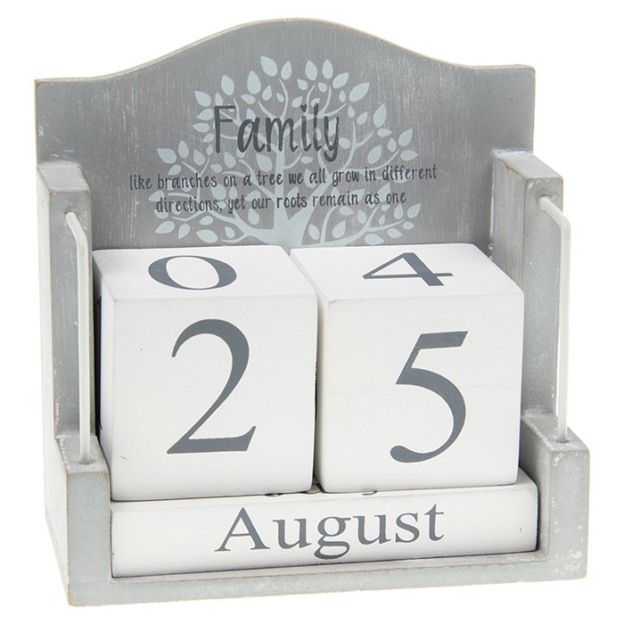 Tree Of Life 'Family' Grey Perpetual Wooden Block Calendar Shabby Chic Date Home Desk Office