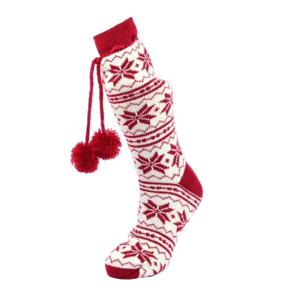 Cosy Toes Red & White Knit Ladies Jacquard Boot Slipper Socks Size UK 4-7