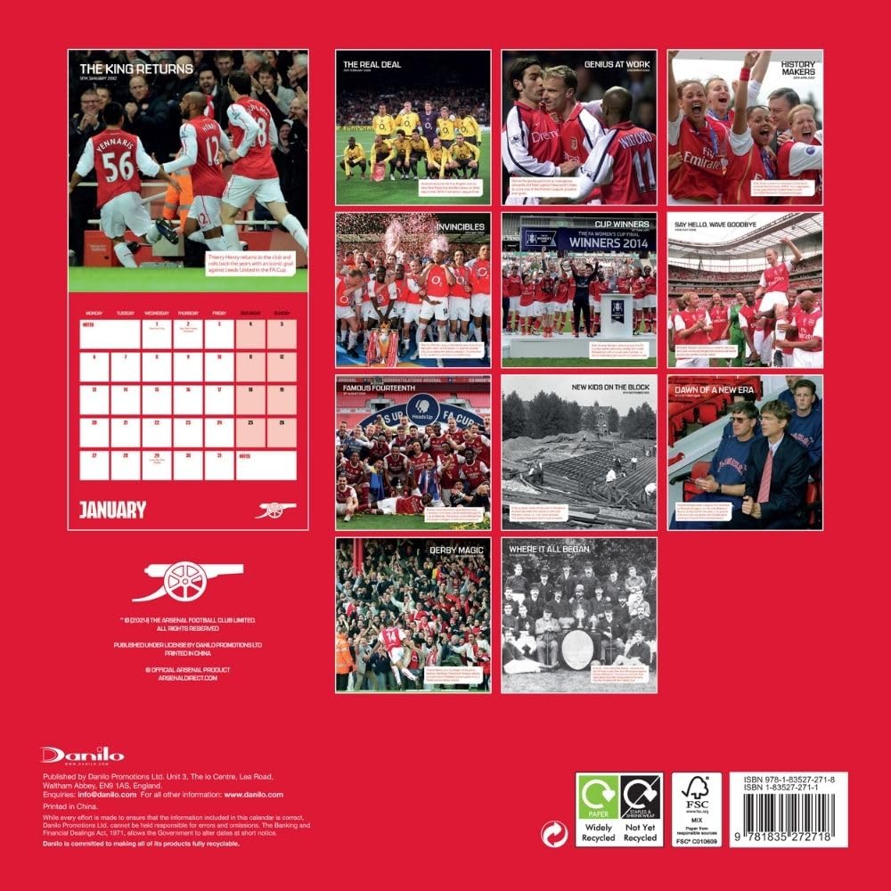 Arsenal FC Legends 2025 Wall Calendar threelittlebears.co.uk