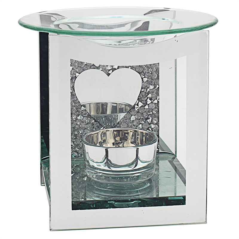 Silver Mirrored Glass Glitter Heart Fragrance Oil Burner Wax Warmer Tealight Holder