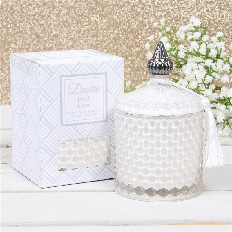 Desire Noir Fresh Linen Soy White & Silver Tassel Glass Jar Boutique Candle