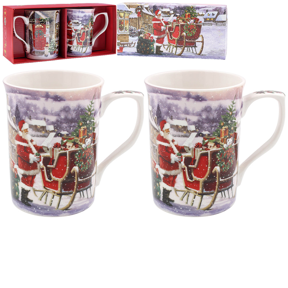 Santa Claus Christmas Set of 2 Fine China Mugs Gift Boxed
