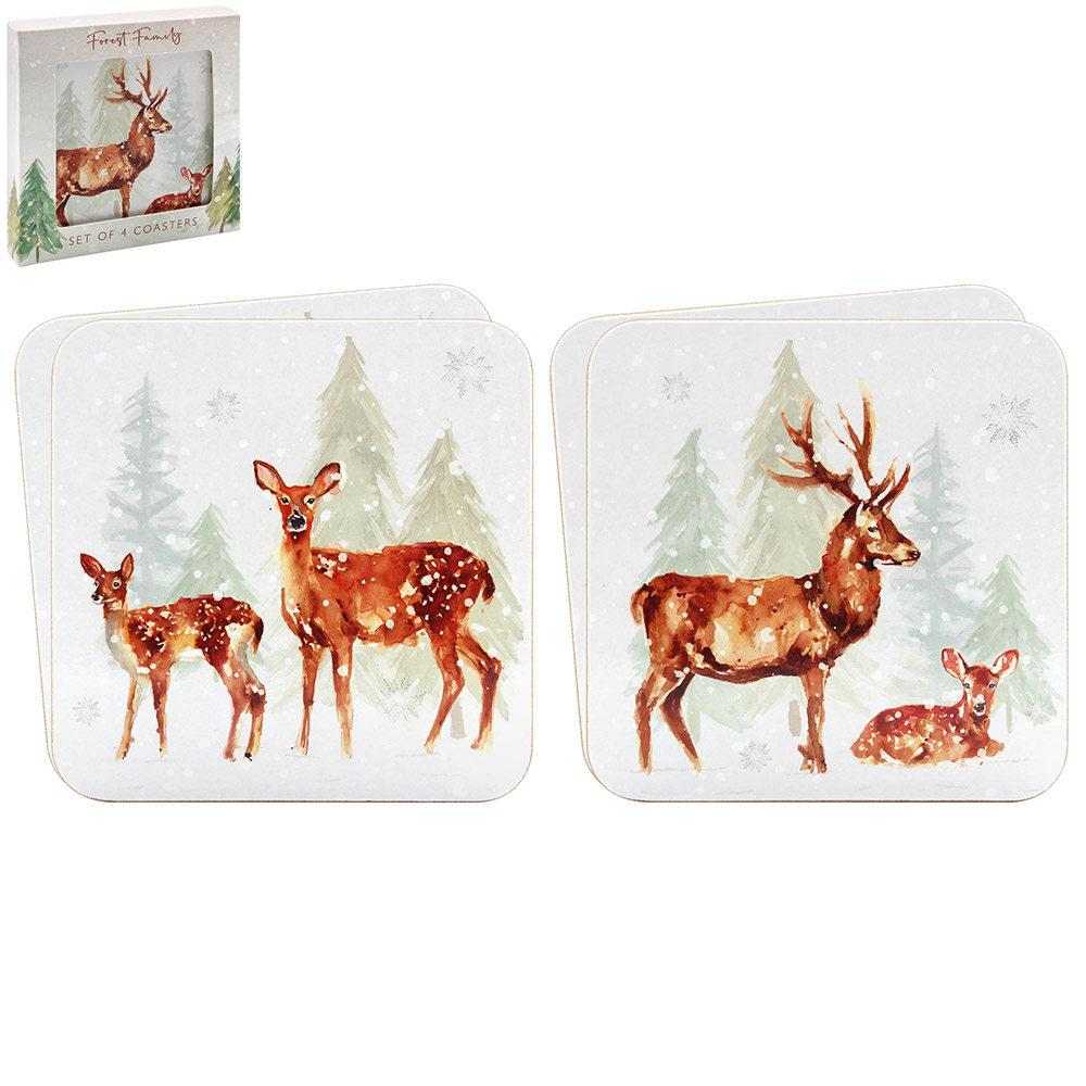 Forest Family Deer Winter Scene Coasters - Set of 4