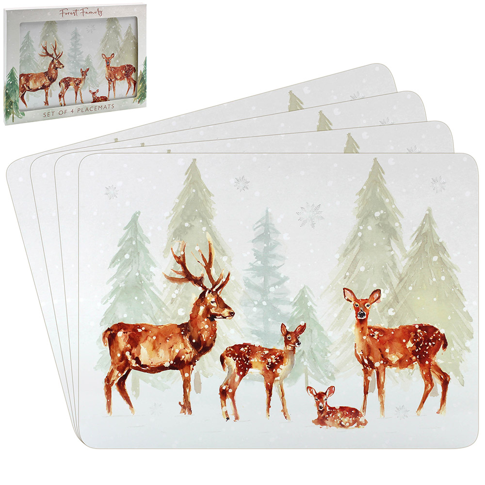 Forest Family Deer Winter Scene Set Of 4 Festive Placemats - Set of 4 Dining Table Place Mats