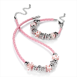 Pink Leatherette with Charms Necklace and Bracelet Set