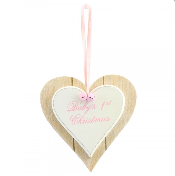 Baby's 1st Christmas Heart Plaque - Baby Girl Pink