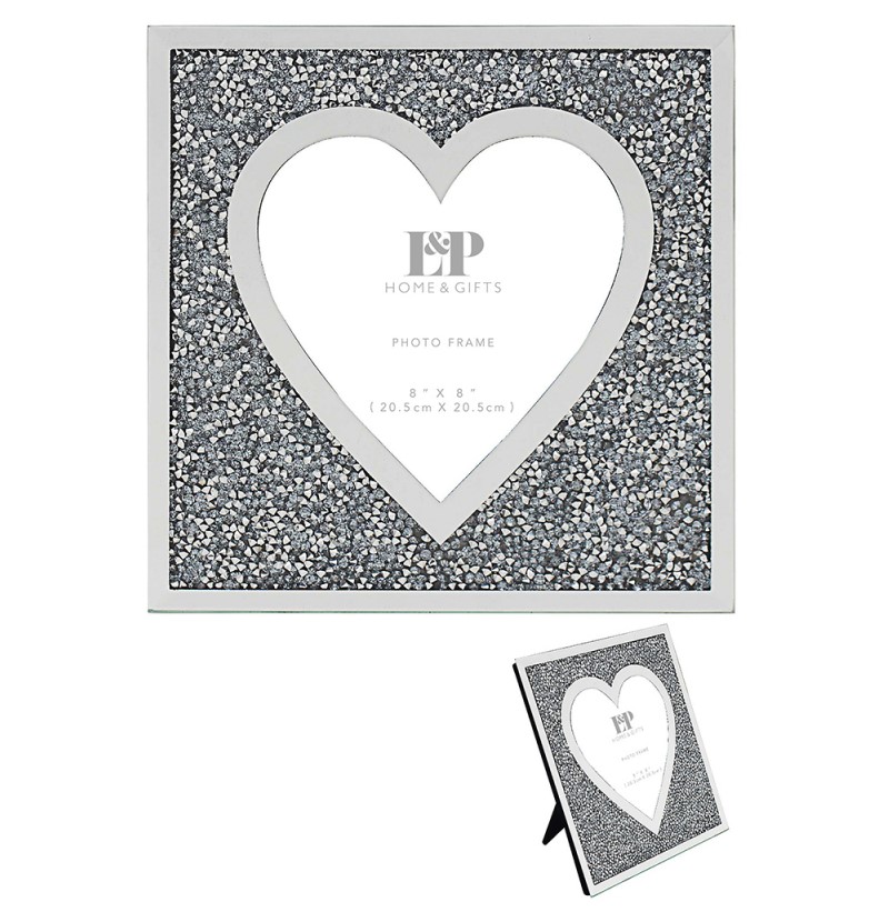 Mirror and Crystal 8'' x 8'' Picture Heart Photo Frame - Crushed Diamond Crystal