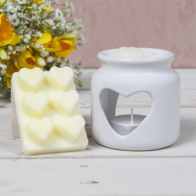 White Ceramic Heart Fragrance Oil Burner Wax Warmer Holder & Melts Gift Pack