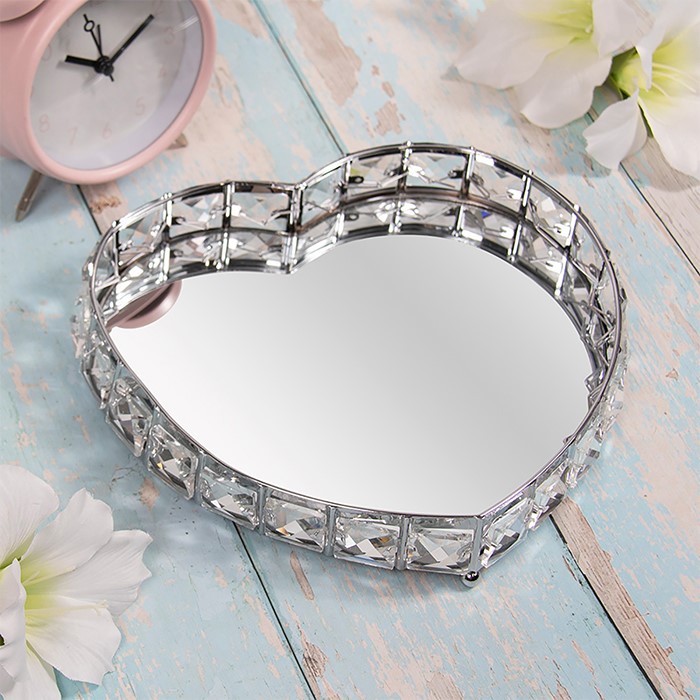 Heart Shape Mirror Diamante Jewel Tray Plate Jewelled Candle Plate Tray