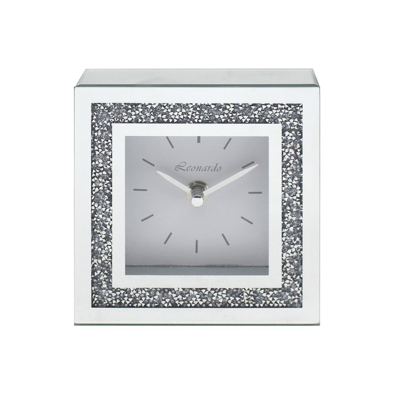 Crushed Diamond Crystal Sparkly Silver Mirrored Glass Square Mantel Clock 14cm