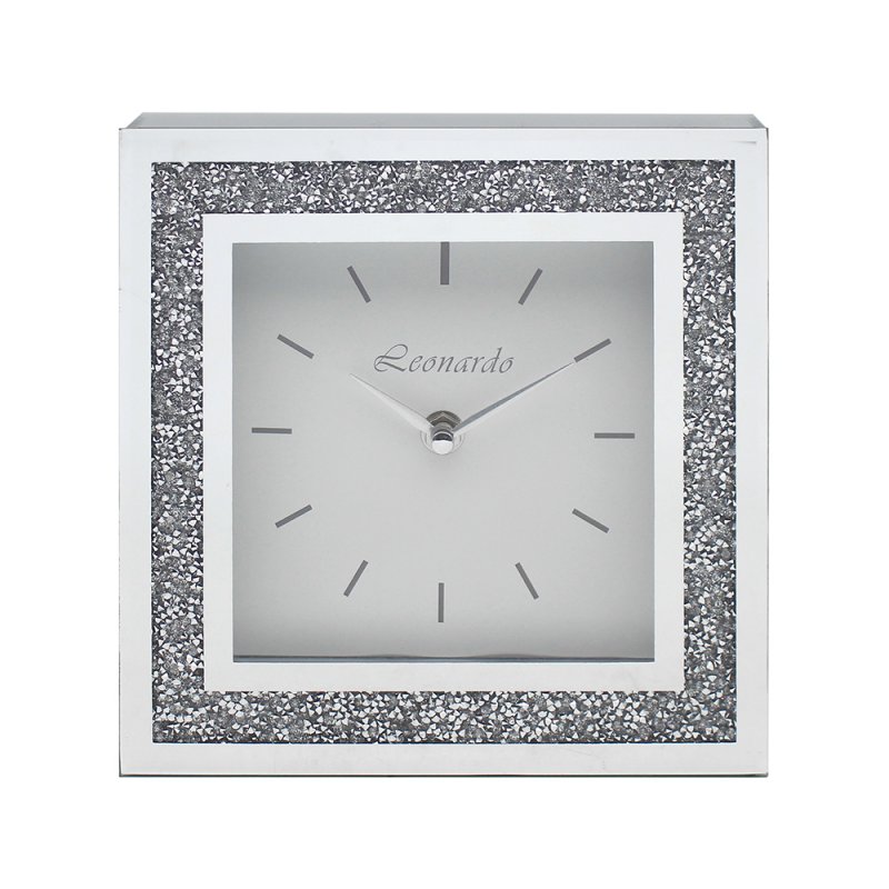 Crushed Diamond Crystal Sparkly Silver Mirrored Glass Square Mantel Clock Large 30cm