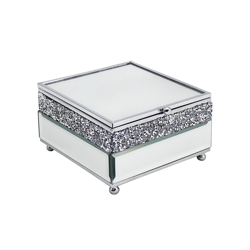 Crushed Diamond Crystal Sparkly Silver Mirrored Glass Jewellery Box Trinket