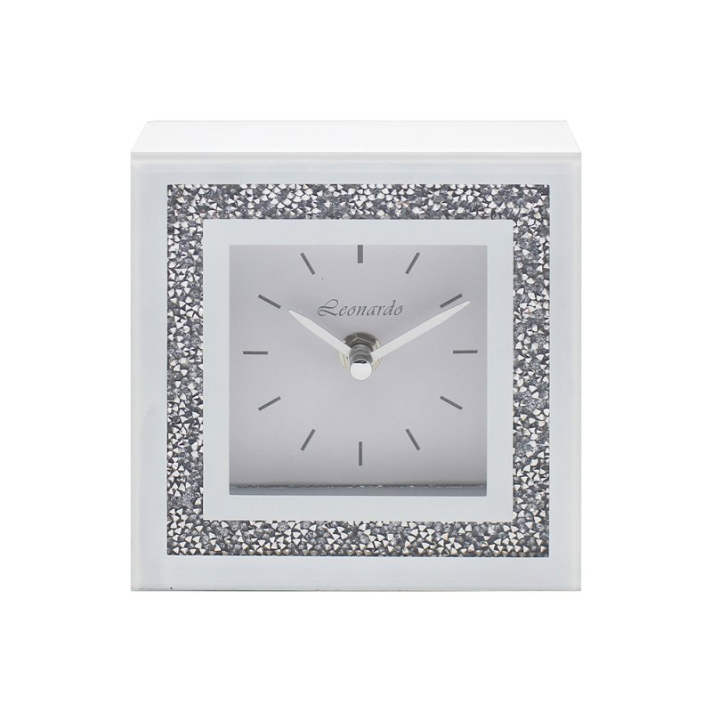 Crushed Diamond Crystal Sparkly White Mirrored Glass Square Mantel Clock 14cm