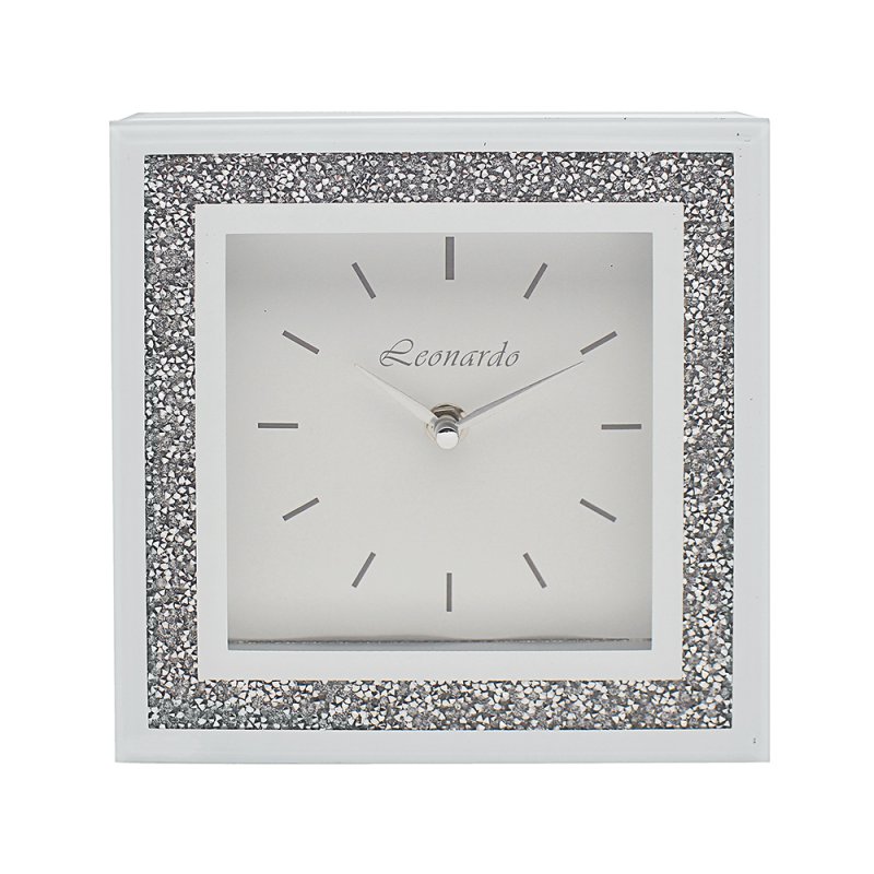 Crushed White Glass Crystal Sparkly Silver Mirrored Square Mantel Clock 30cm