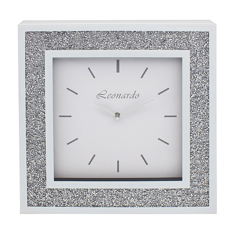 Crushed Diamond Crystal Sparkly White Mirrored Glass Square Mantel Clock Large 40cm