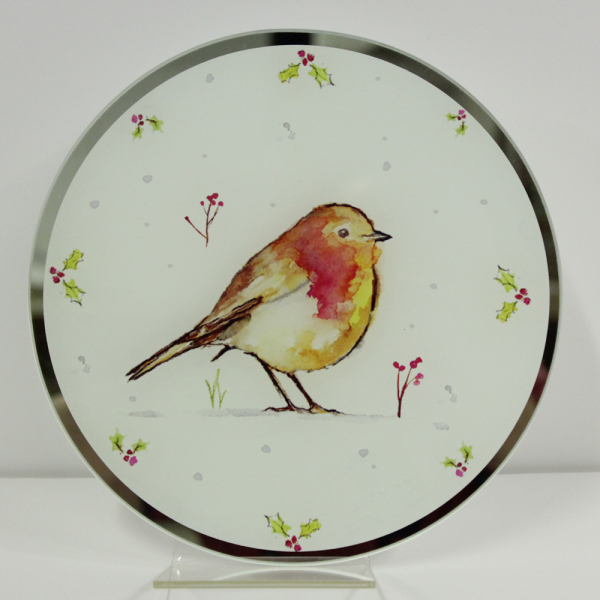 Winter Robins Glass Candle Plate 20 cm