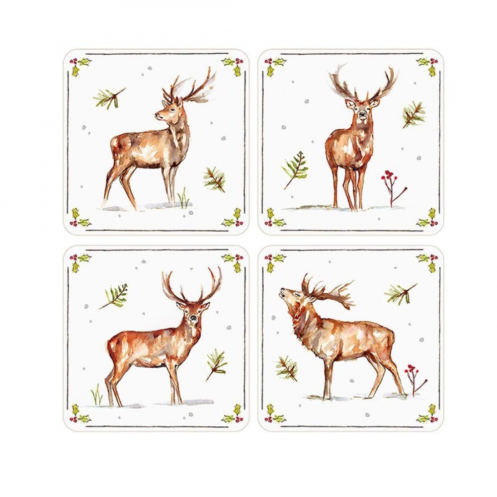 Winter Christmas Stags Print Coasters - Set of 4