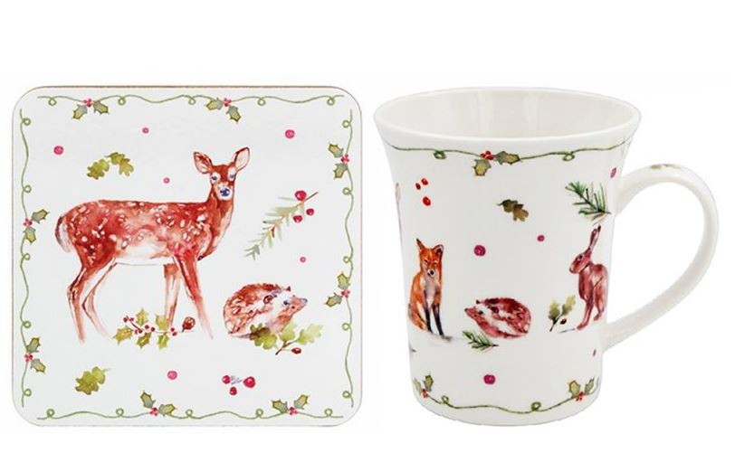 Winter Forest Mug and Coaster Gift Set Deer Hare Pheasant Fox Squirrel Hedgehog